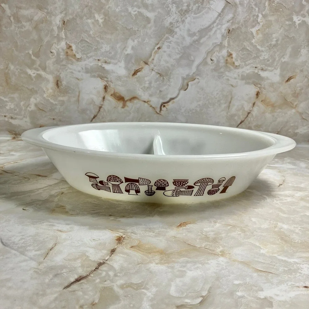 VTG Glasbake J2352 Brown Mushroom Oval Divided Milk Glass Casserole Serving Dish